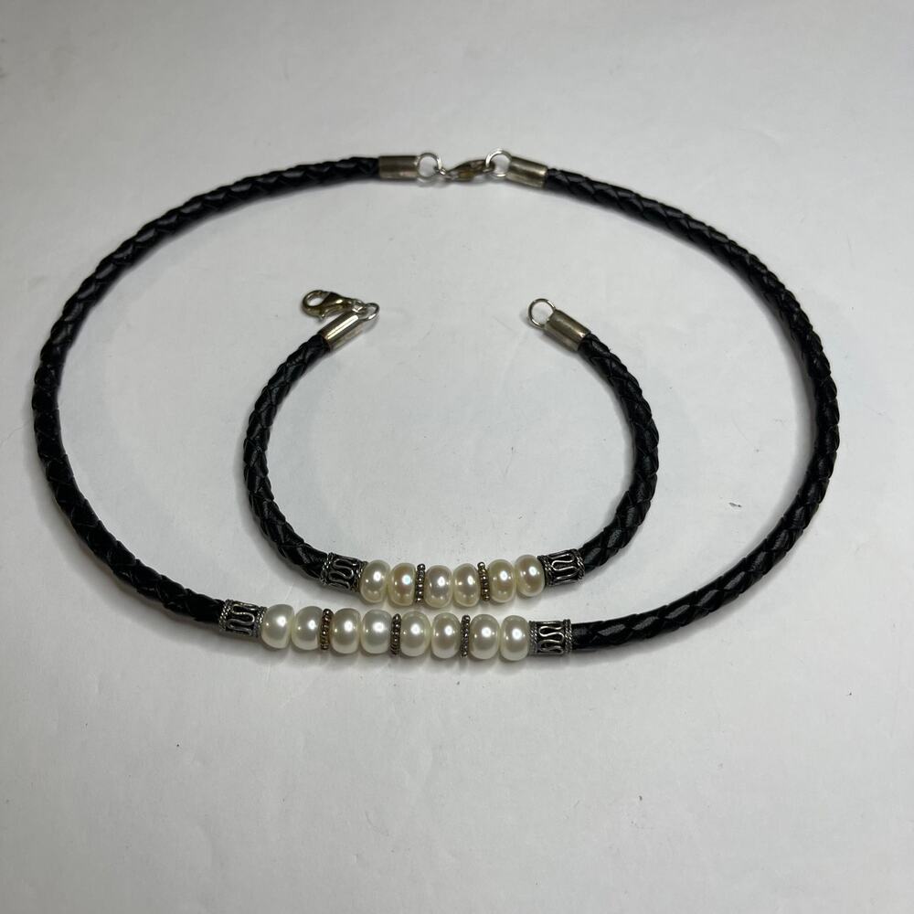 necklace bracelet set braided cord black with white shell beaded beads trendy